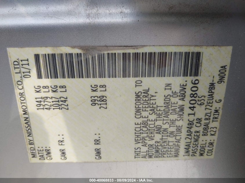 2011 Nissan Altima 2.5 S VIN: 1N4AL2AP4BC140806 Lot: 40068833