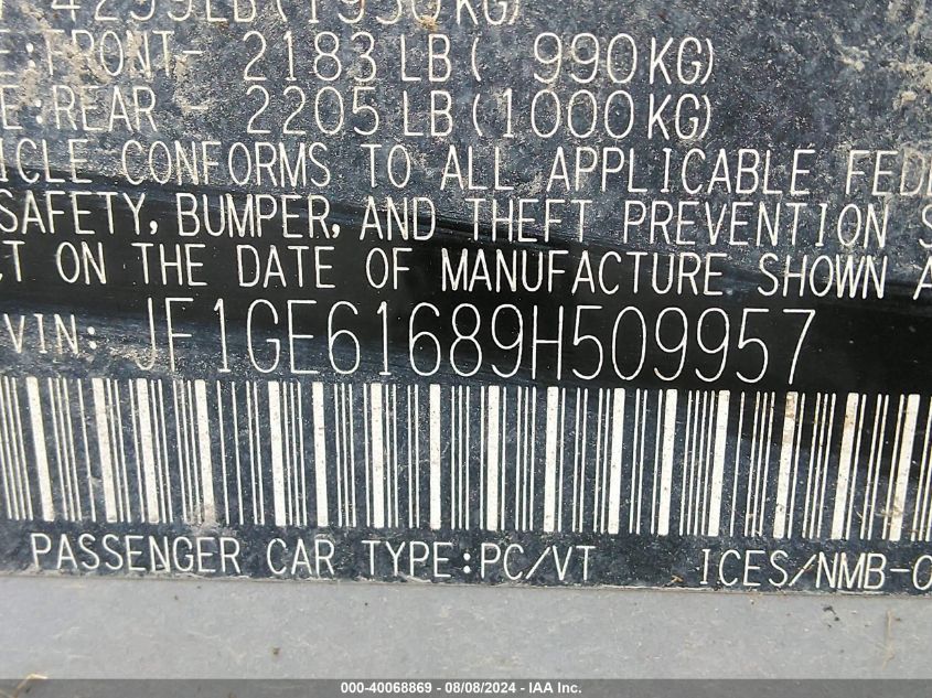 2009 Subaru Impreza 2.5I VIN: JF1GE61689H509957 Lot: 40068869