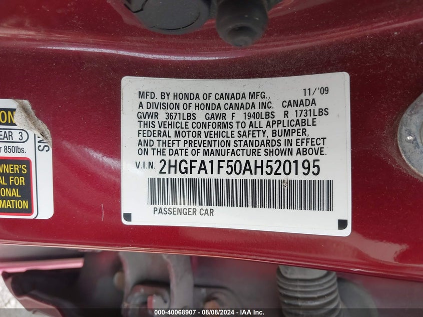 2010 Honda Civic Lx VIN: 2HGFA1F50AH520195 Lot: 40068907