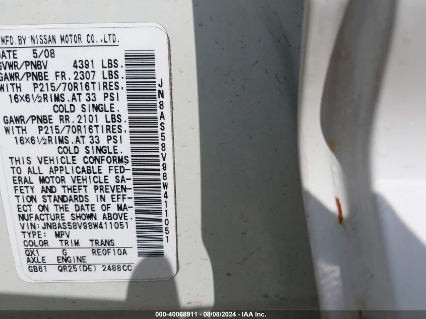 2008 Nissan Rogue S VIN: JN8AS58V98W411051 Lot: 40068911