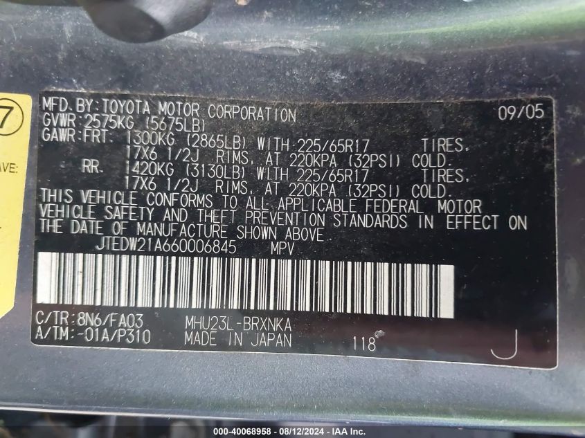 2006 Toyota Highlander Hybrid VIN: JTEDW21A660006845 Lot: 40068958