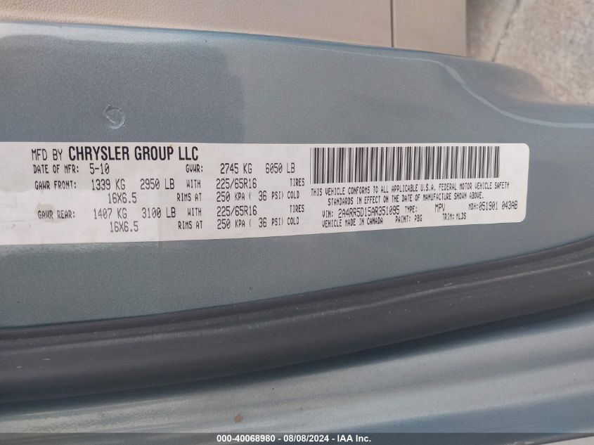 2010 Chrysler Town & Country Touring VIN: 2A4RR5D15AR351095 Lot: 40068980