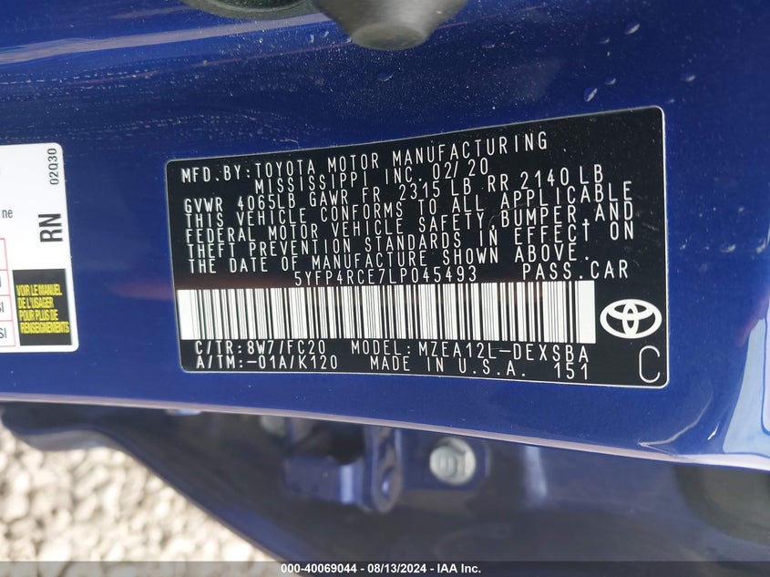 VIN 5YFP4RCE7LP045493 2020 TOYOTA COROLLA SE