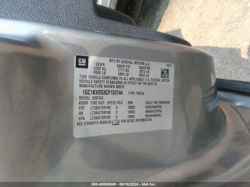 2012 Chevrolet Silverado 2500Hd Lt VIN: 1GC1KXEG8CF150744 Lot: 40069049