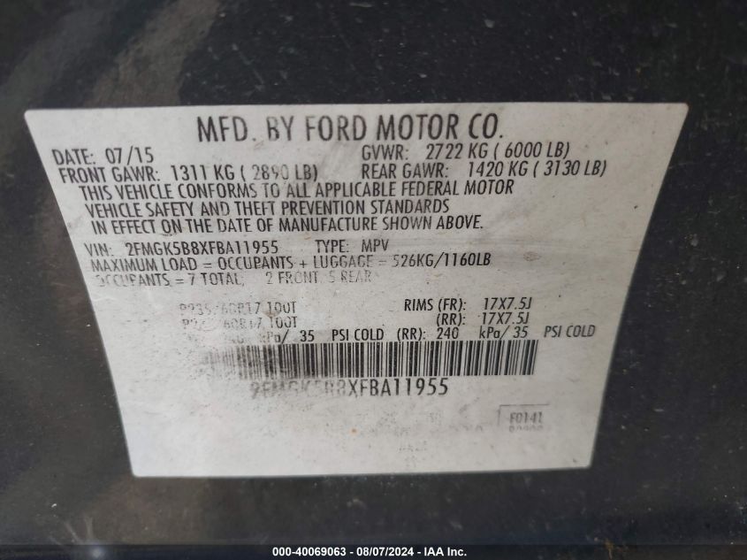 2015 Ford Flex Se VIN: 2FMGK5B8XFBA11955 Lot: 40069063