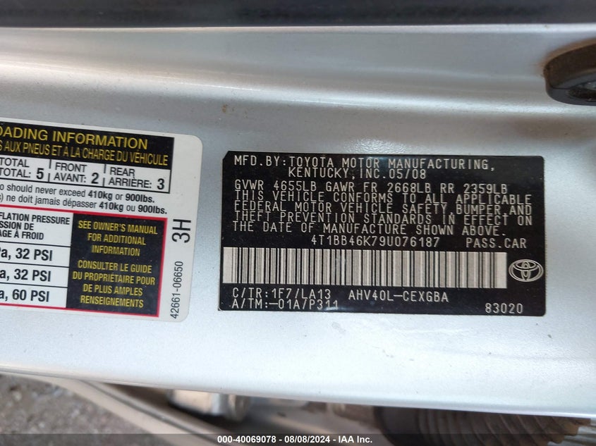 2009 Toyota Camry Hybrid VIN: 4T1BB46K79U076187 Lot: 40069078