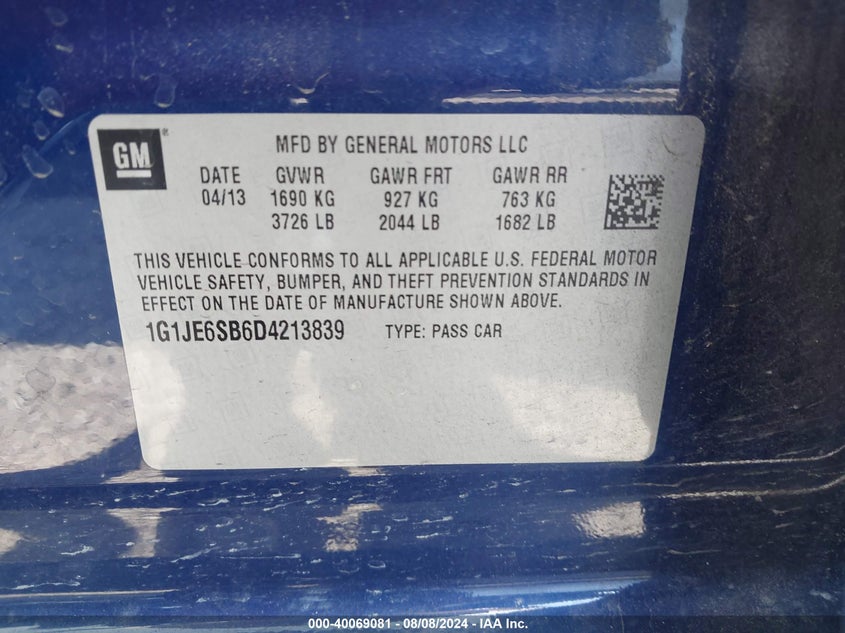 2013 Chevrolet Sonic Ltz Auto VIN: 1G1JE6SB6D4213839 Lot: 40069081