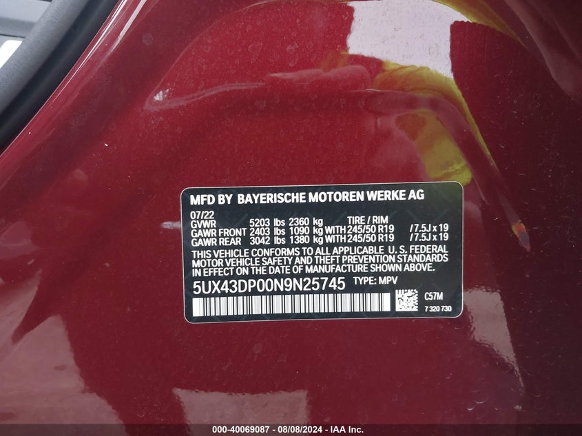 2022 BMW X3 2.0L I-4 DI, DOHC, V(VIN: 5UX43DP00N9N25745