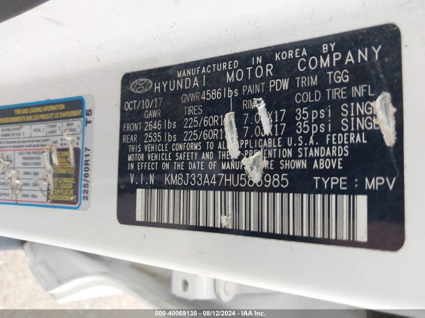 2017 Hyundai Tucson Se VIN: KM8J33A47HU586985 Lot: 40069135