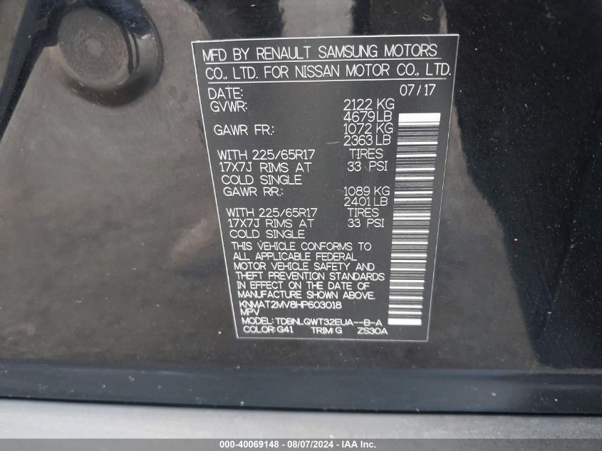 2017 Nissan Rogue Sv VIN: KNMAT2MV8HP603018 Lot: 40069148