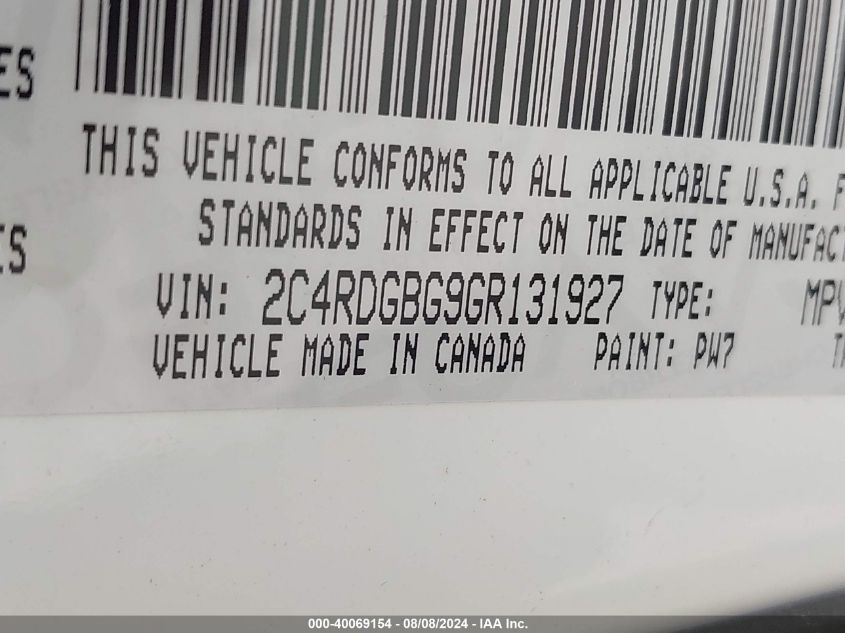 2016 Dodge Grand Caravan American Value Pkg VIN: 2C4RDGBG9GR131927 Lot: 40069154