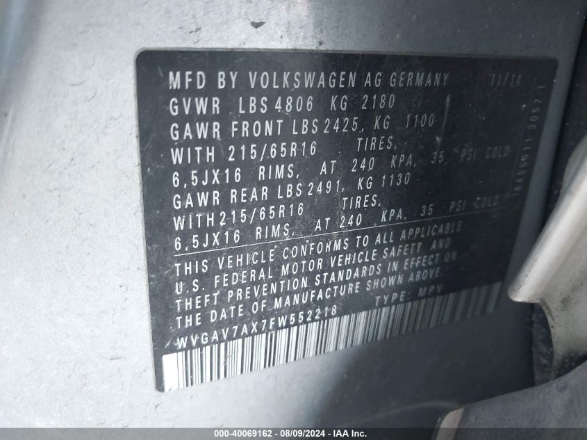 2015 Volkswagen Tiguan S VIN: WVGAV7AX7FW552218 Lot: 40069162