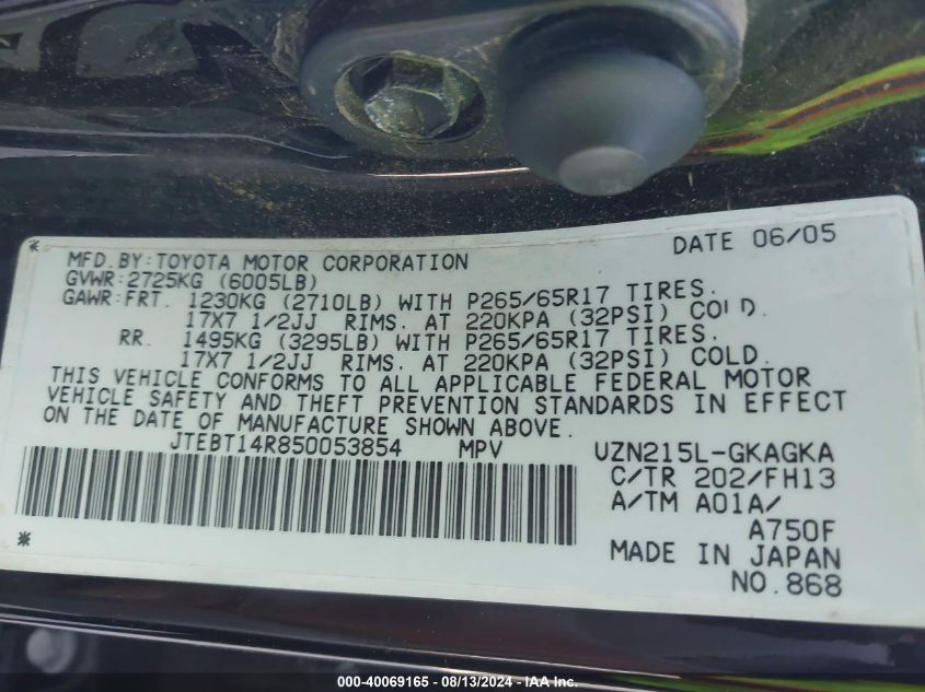 2005 Toyota 4Runner Sr5 Sport V8 VIN: JTEBT14R850053854 Lot: 40069165