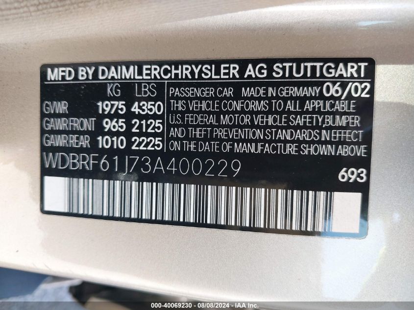 2003 Mercedes-Benz C 240 VIN: WDBRF61J73A400229 Lot: 40069230