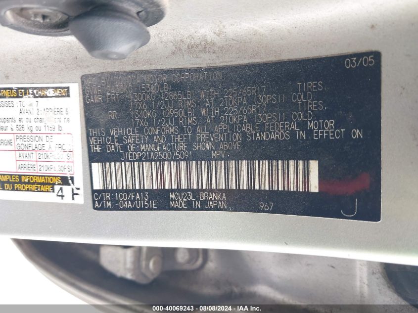 2005 Toyota Highlander Limited VIN: JTEDP21A250075091 Lot: 40069243