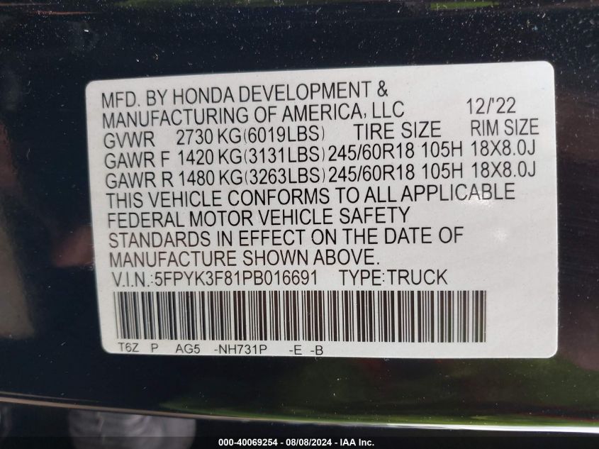 2023 Honda Ridgeline Black Edition VIN: 5FPYK3F81PB016691 Lot: 40069254