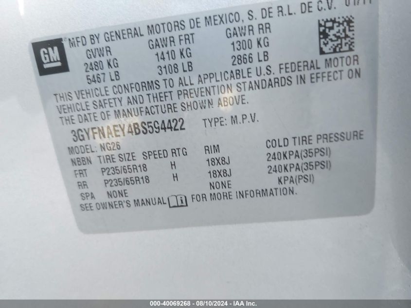 2011 Cadillac Srx Luxury Collection VIN: 3GYFNAEY4BS594422 Lot: 40069268