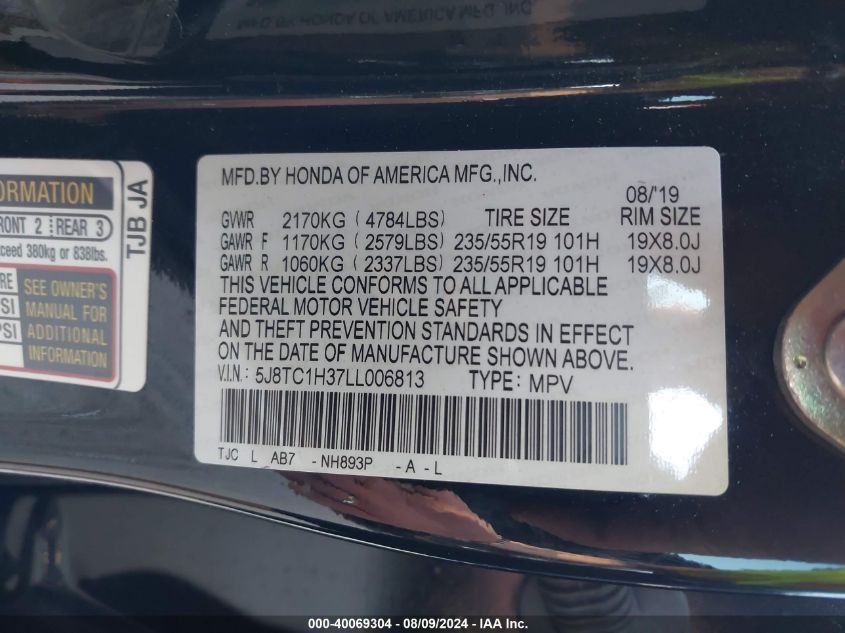 2020 Acura Rdx Standard VIN: 5J8TC1H37LL006813 Lot: 40069304