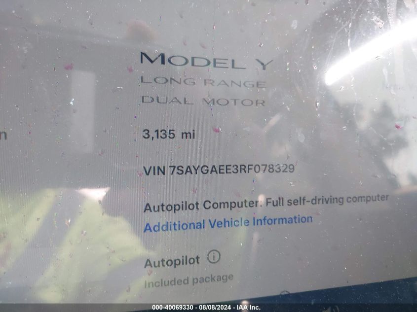 2024 Tesla Model Y Long Range Dual Motor All-Wheel Drive VIN: 7SAYGAEE3RF078329 Lot: 40069330