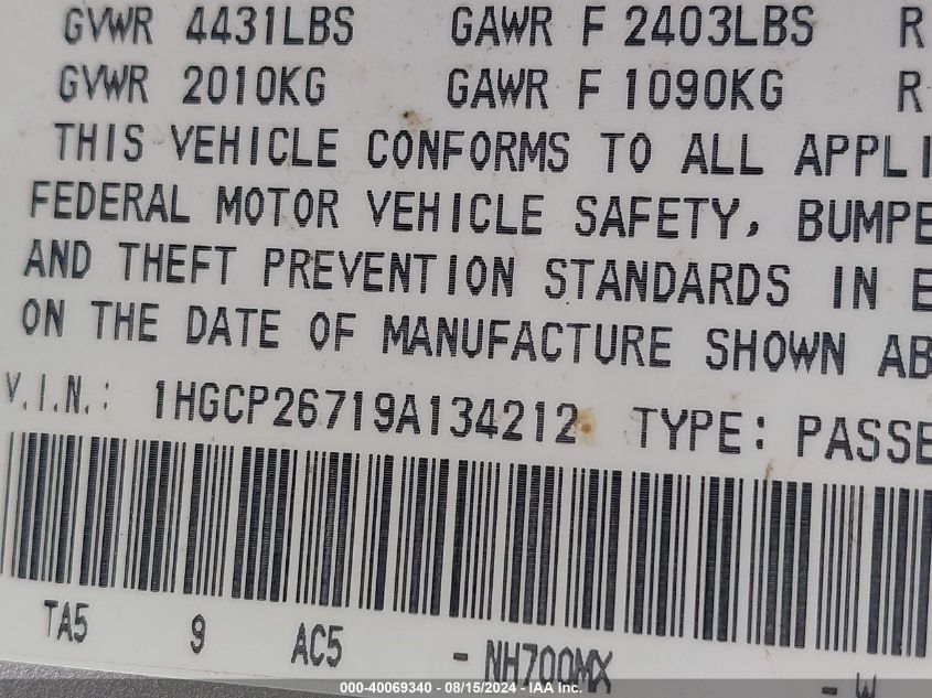 2009 Honda Accord 2.4 Ex VIN: 1HGCP26719A134212 Lot: 40069340