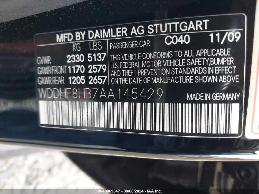 2010 Mercedes-Benz E 350 4Matic VIN: WDDHF8HB7AA145429 Lot: 40069347