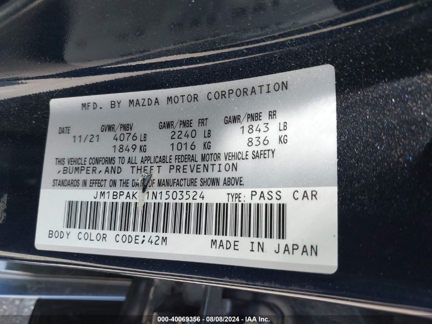 JM1BPAKL1N1503524 2022 Mazda Mazda3 Select