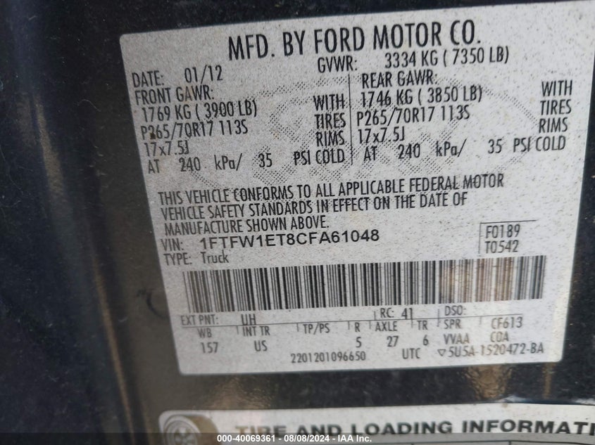 2010 Ford F-150 Xl/Xlt/Fx4/Lariat/King Ranch/Platinum/Harley-Davidson VIN: 1FTFW1EV0AFB69209 Lot: 40069361