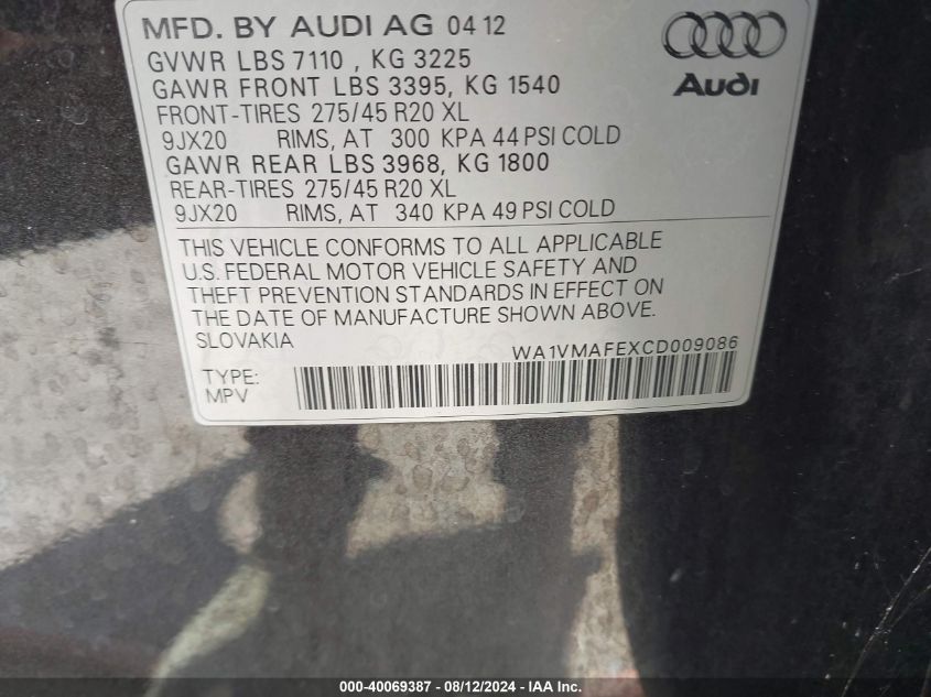 WA1VMAFEXCD009086 2012 Audi Q7 3.0 Tdi Premium