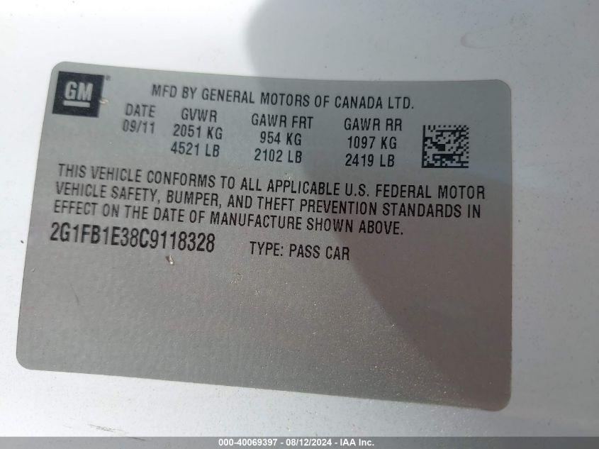 2012 Chevrolet Camaro 1Lt VIN: 2G1FB1E38C9118328 Lot: 40069397