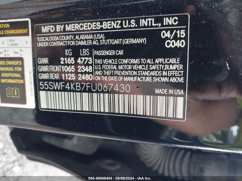 2015 Mercedes-Benz C 300 4Matic VIN: 55SWF4KB7FU067430 Lot: 40069404