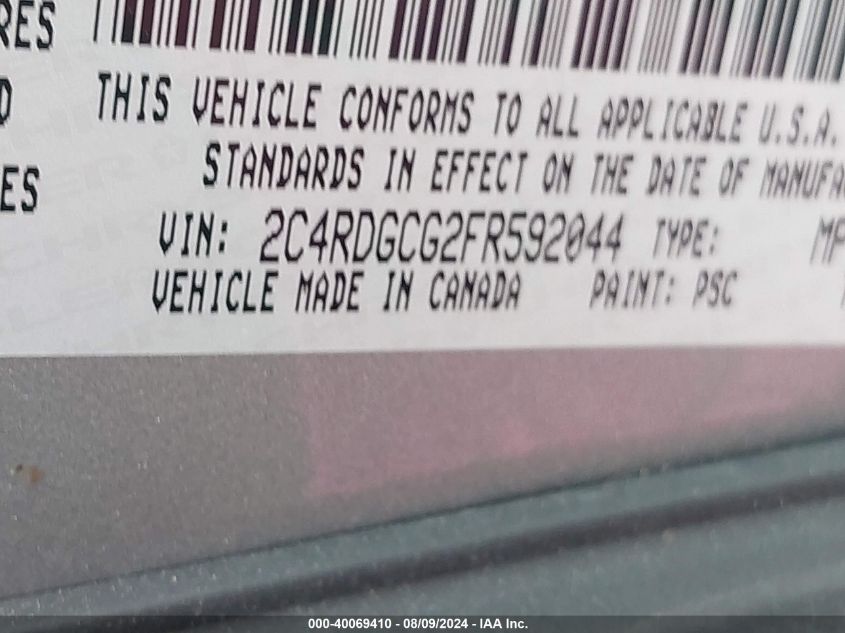 2015 Dodge Grand Caravan Sxt VIN: 2C4RDGCG2FR592044 Lot: 40069410