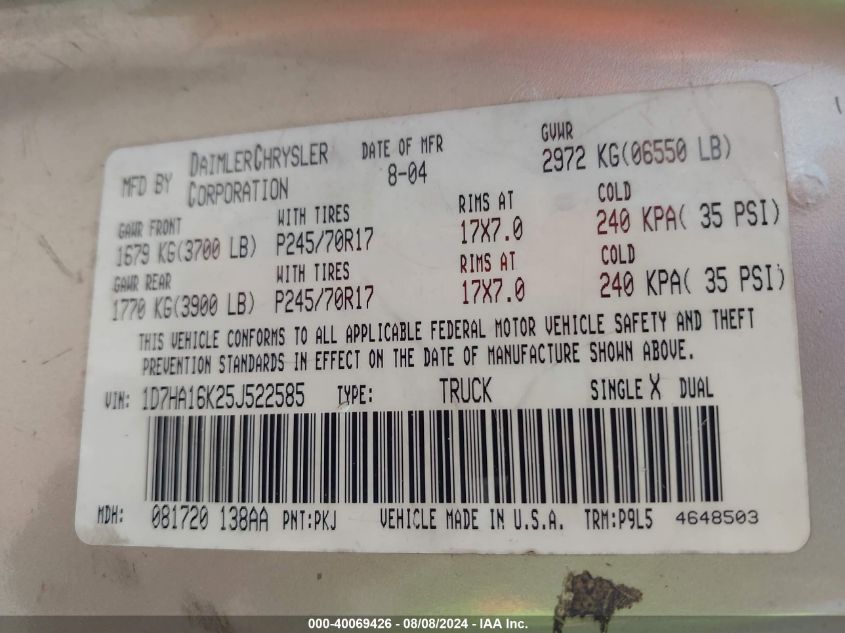 2005 Dodge Ram 1500 St VIN: 1D7HA16K25J522585 Lot: 40069426