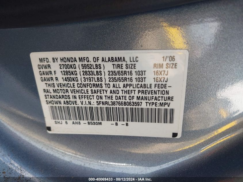 2006 Honda Odyssey Ex-L VIN: 5FNRL38766B063597 Lot: 40069433