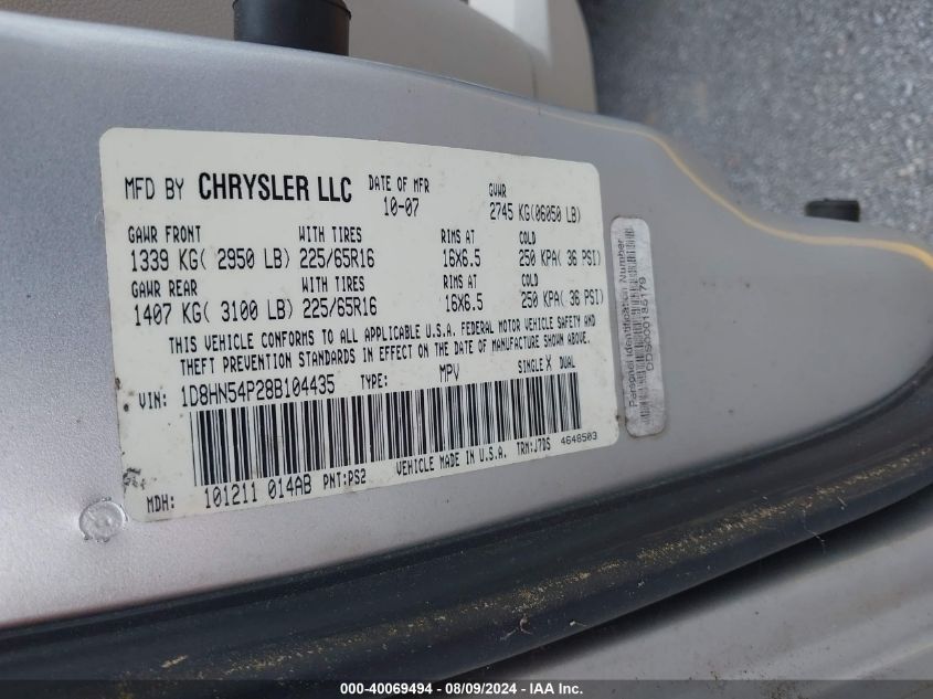 2008 Dodge Grand Caravan Sxt VIN: 1D8HN54P28B104435 Lot: 40069494