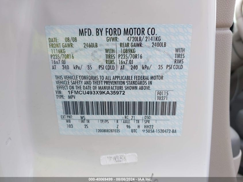 2009 Ford Escape Hybrid Limited VIN: 1FMCU493X9KA35972 Lot: 40069499