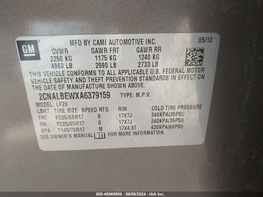 2010 Chevrolet Equinox Ls VIN: 2CNALBEWXA6379159 Lot: 40069505