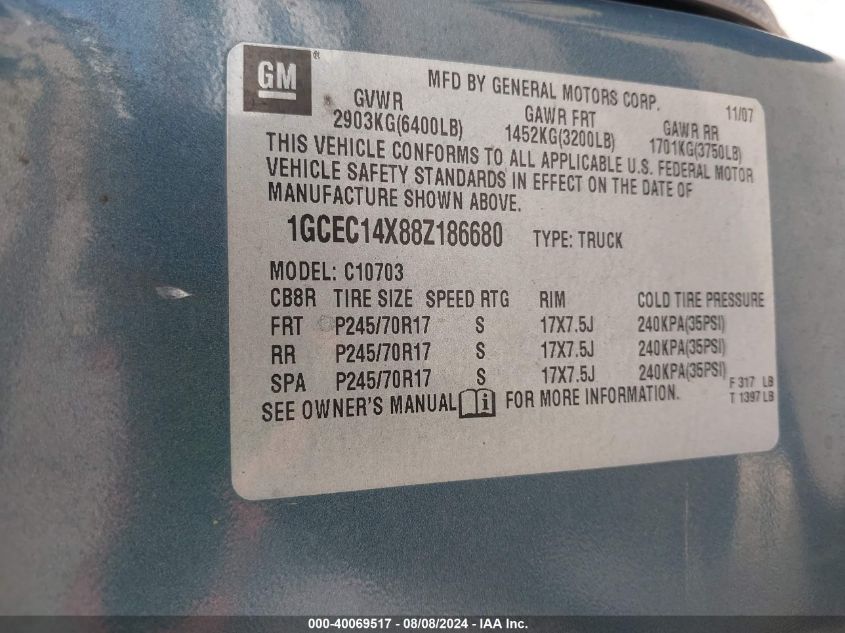 2008 Chevrolet Silverado 1500 Work Truck VIN: 1GCEC14X88Z186680 Lot: 40069517