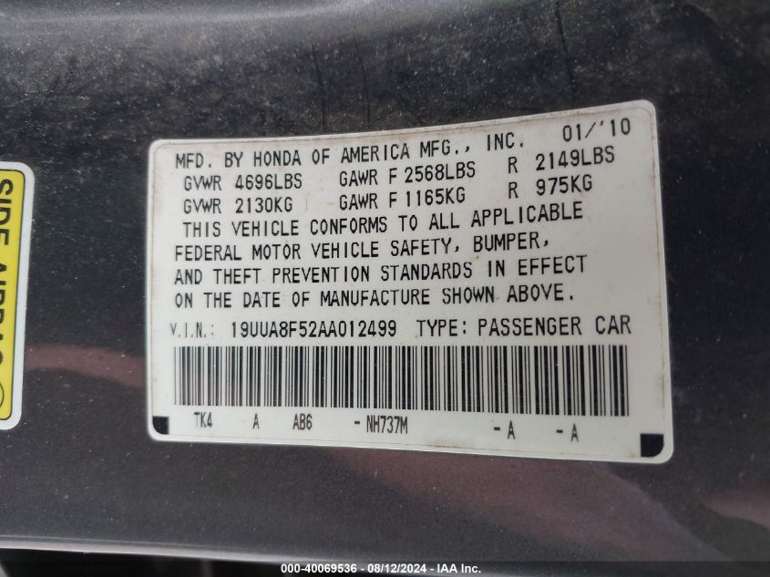 19UUA8F52AA012499 2010 Acura Tl 3.5