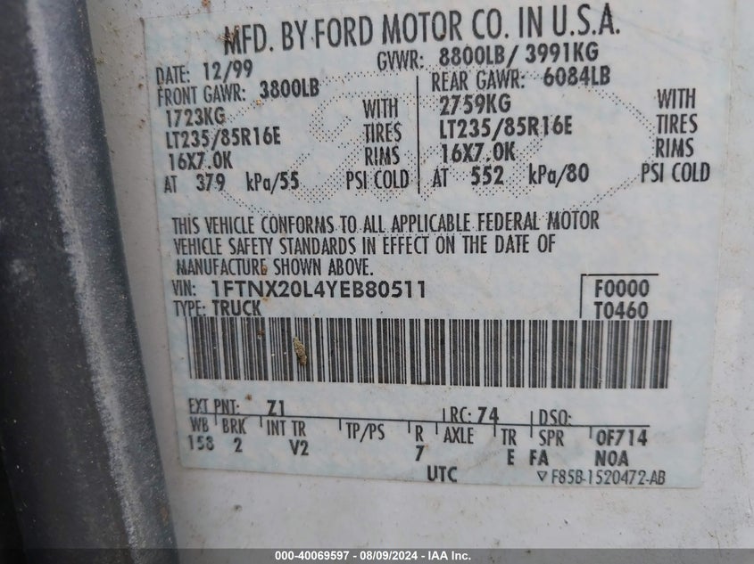 2000 Ford F-250 Lariat/Xl/Xlt VIN: 1FTNX20L4YEB80511 Lot: 40069597