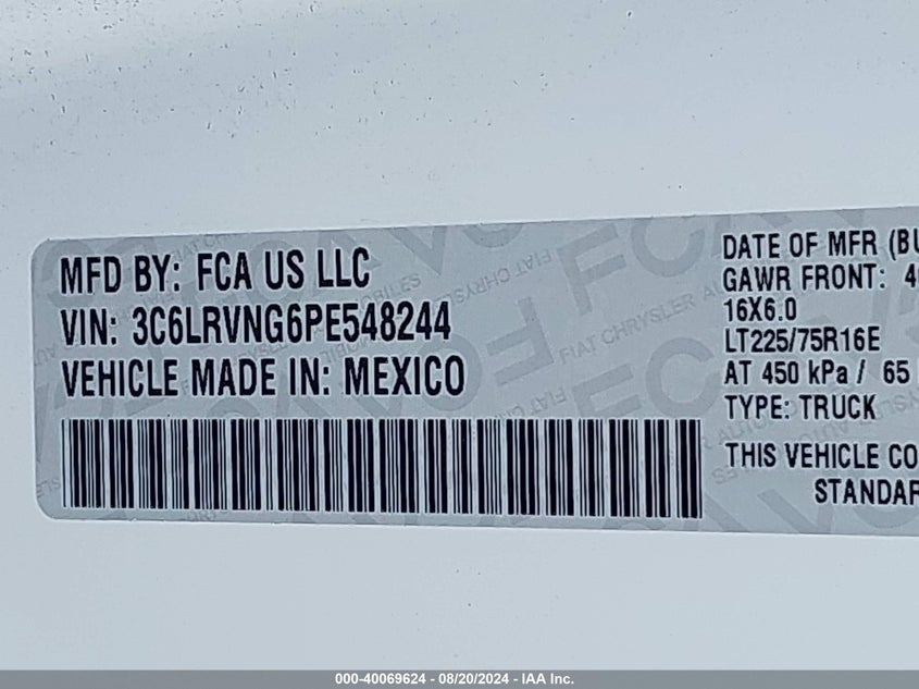 VIN 3C6LRVNG6PE548244 2023 RAM PROMASTER 1500
