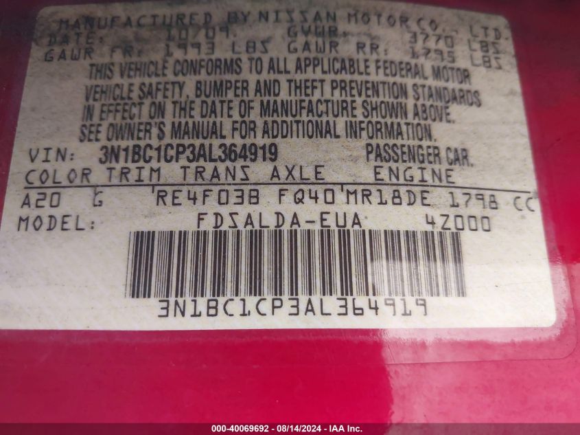 2010 Nissan Versa 1.8S VIN: 3N1BC1CP3AL364919 Lot: 40069692