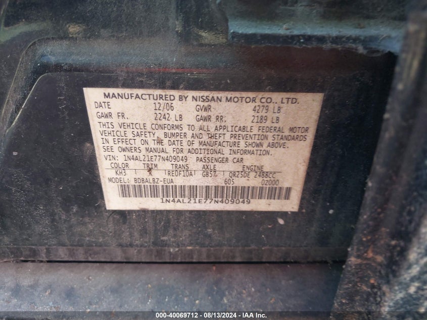 2007 Nissan Altima 2.5 S VIN: 1N4AL21E77N409049 Lot: 40069712