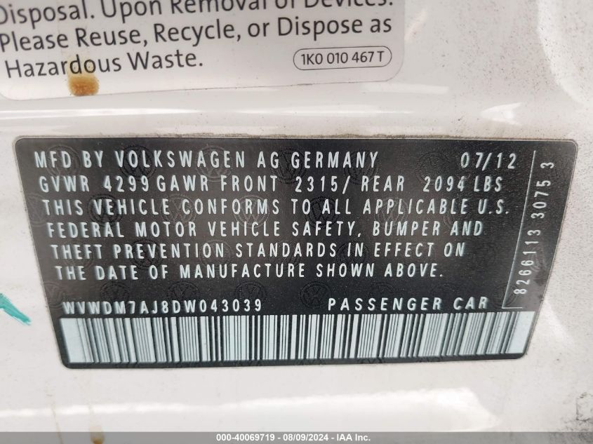 2013 Volkswagen Golf 2.0L Tdi 4-Door VIN: WVWDM7AJ8DW043039 Lot: 40069719