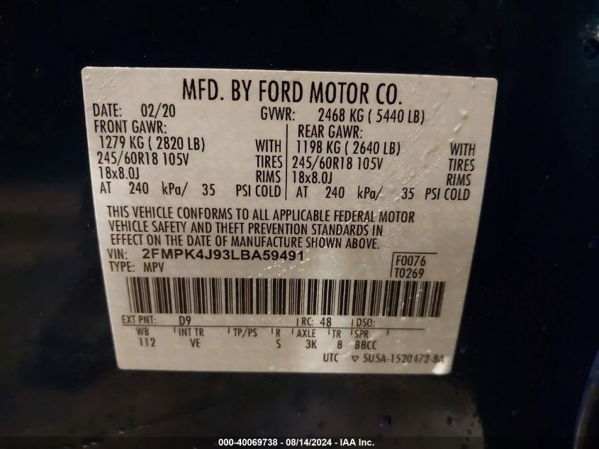 2020 Ford Edge Sel VIN: 2FMPK4J93LBA59491 Lot: 40069738