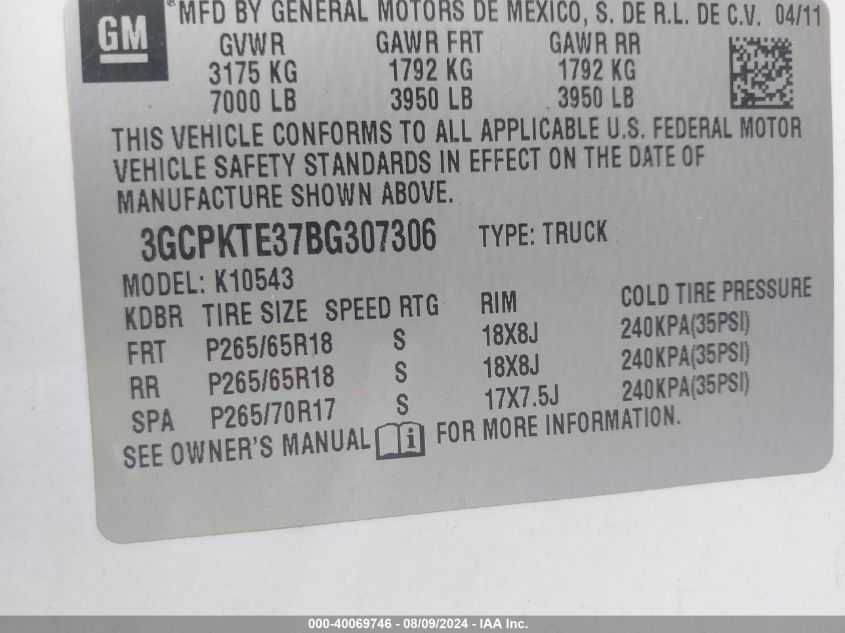 2011 Chevrolet Silverado 1500 Ltz VIN: 3GCPKTE37BG307306 Lot: 40069746