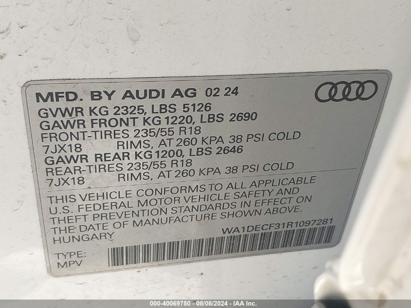 2024 Audi Q3 Premium S Line 45 VIN: WA1DECF31R1097281 Lot: 40069750