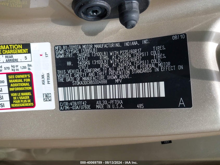 2011 Toyota Sienna VIN: 5TDKA3DC8BS004888 Lot: 40069789