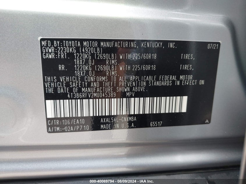 2021 TOYOTA RAV4 HYBRID XLE PREMIUM - 4T3B6RFV2MU045389
