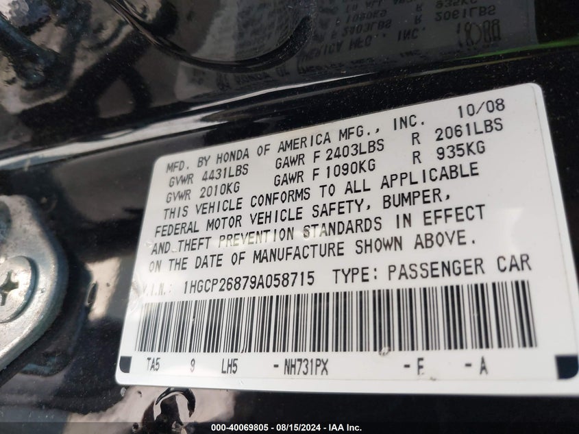 2009 Honda Accord 2.4 Ex-L VIN: 1HGCP26879A058715 Lot: 40069805