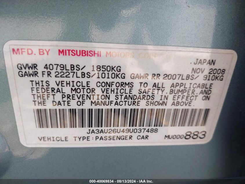 2009 Mitsubishi Lancer Es/Es-Sport VIN: JA3AU26U49U037488 Lot: 40069834